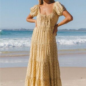 NWT Daughters of India Sita Yellow Floral Puff-Sleeve Maxi Dress